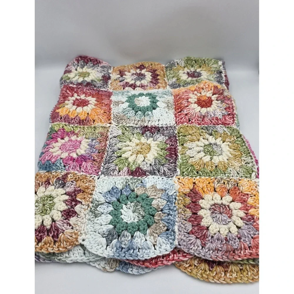 Handmade Multicolor Crochet Granny Floral  Squares Table Runner Cottagecore